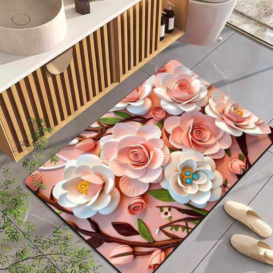 Okazii立体卫生间浴室防滑垫地毯进门花卉3D地垫吸水