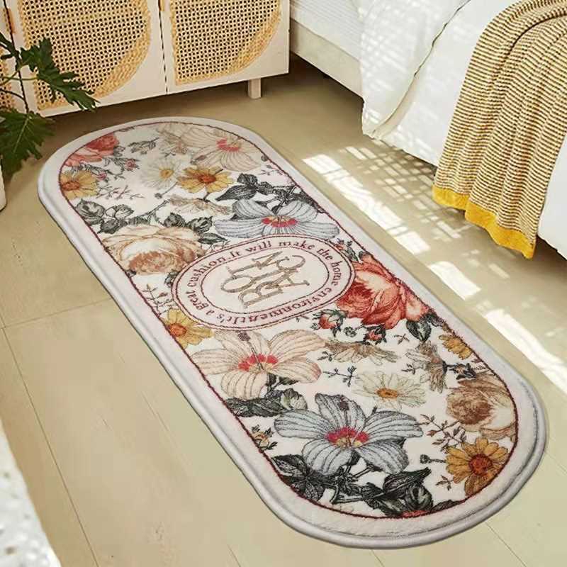 Wayfair椭圆形飘窗阳台床边防滑耐脏地毯跨境羊绒卧室花卉脚垫柔