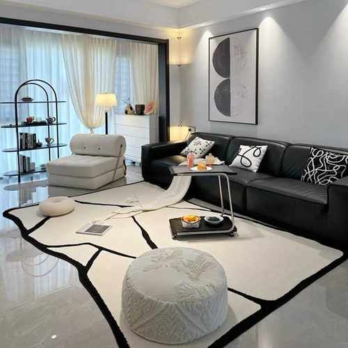 Cratejoy地毯隔凉沙发全铺满铺羊绒客厅黑白毯轻奢风茶几防滑线条