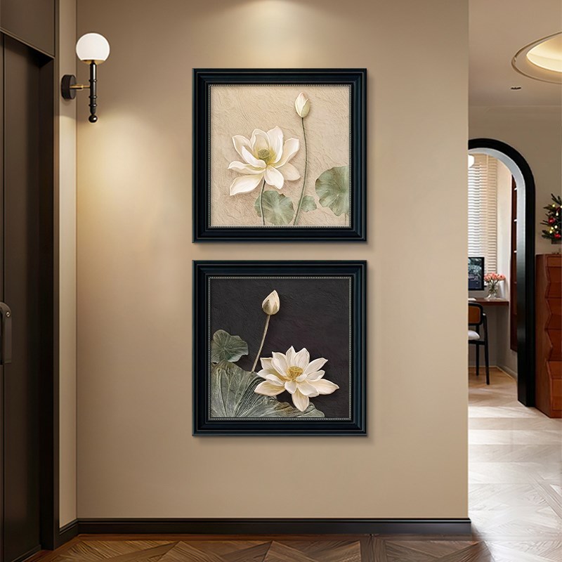 荷花卧室床头小挂画中古风玄关装饰画复古餐厅油画艺术壁画高级感图片