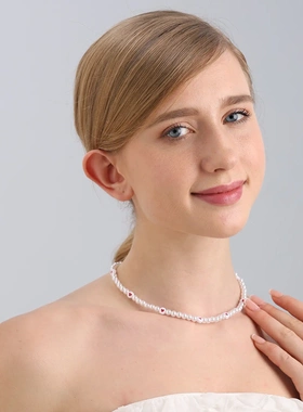 欧美饰品 简约单层高亮巴仿红色心形珍珠颈链女 串珠项饰