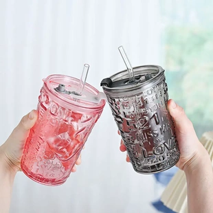 浮雕玻璃杯比心吸管杯办公室杯子480ml双饮咖啡杯家用带盖喝水杯