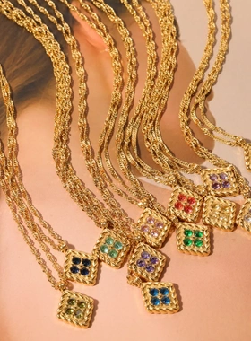 不锈钢十二月生辰石项链四边形12月诞生石吊坠锆石锁骨链女保