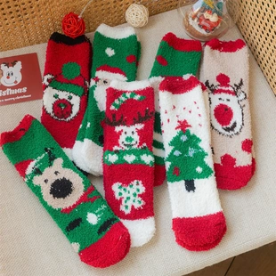 直板绿色圣诞袜珊瑚绒女式拖鞋袜冬季保暖毛绒睡袜船员服饰搭配