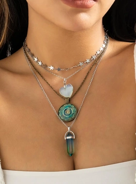 欧美饰品 小众复古设计感绿色水晶项饰 民族风爱心星星项链女