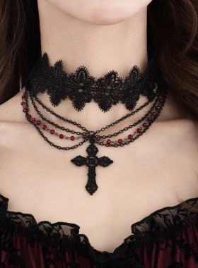 欧美哥特风暗黑十字架项链女 朋克水晶串珠流苏项圈nelae