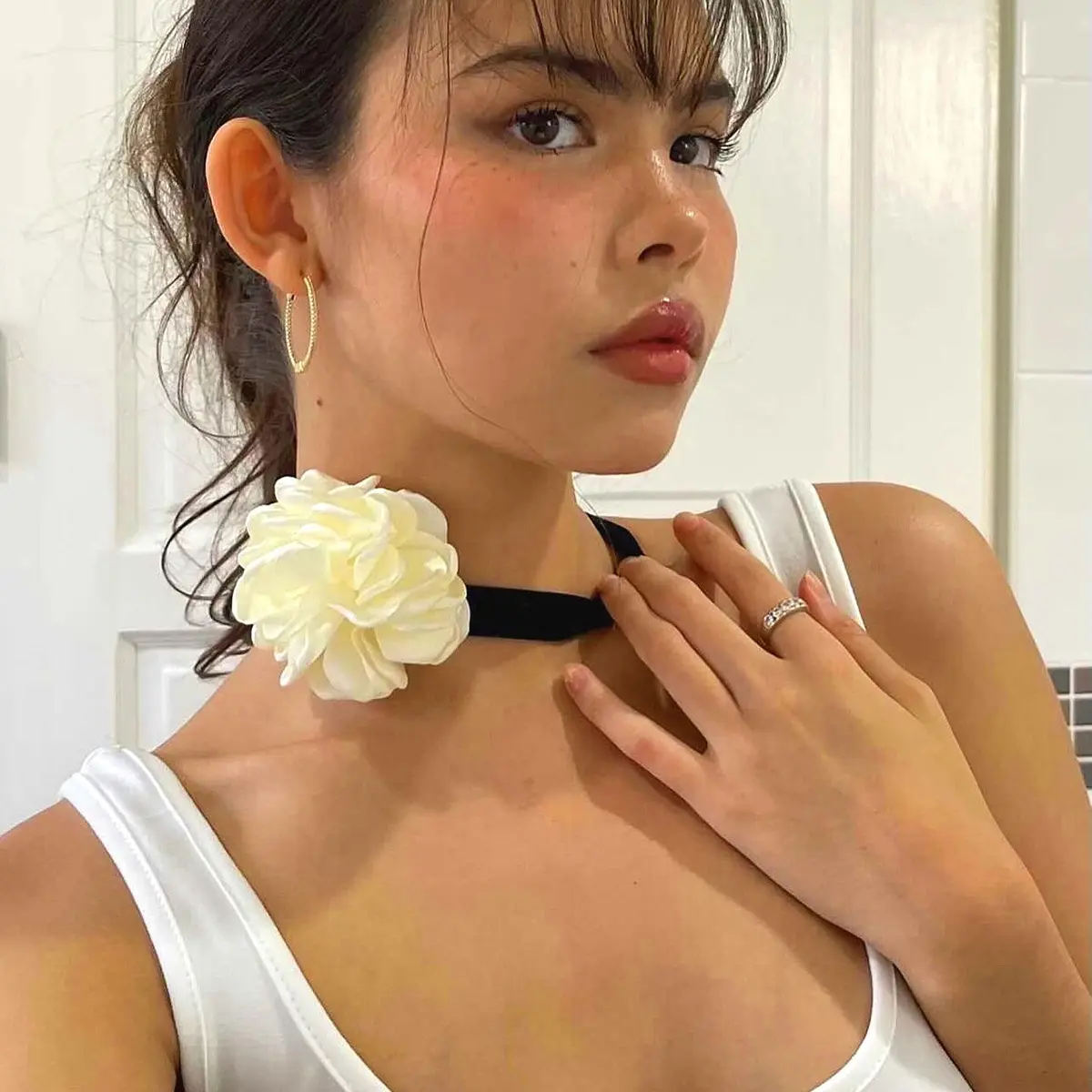 欧美饰品气质复古大花朵项链hoer 时尚甜美绒布锁骨颈链女