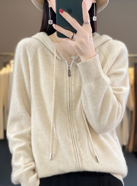 羊毛混纺2023秋冬女装短款拉链开衫宽松大码针织连帽卫衣英伦风
