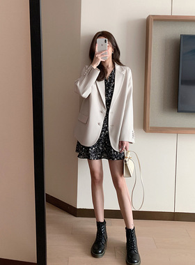 秋款时尚洋气职业西装两件套装女长袖碎花连衣裙子2023年新款秋季