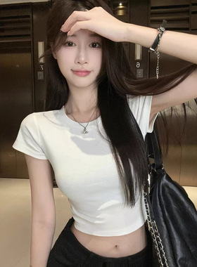 跨境东南亚短款露脐短袖T恤女2025夏季白色打底女装上衣辣妹风