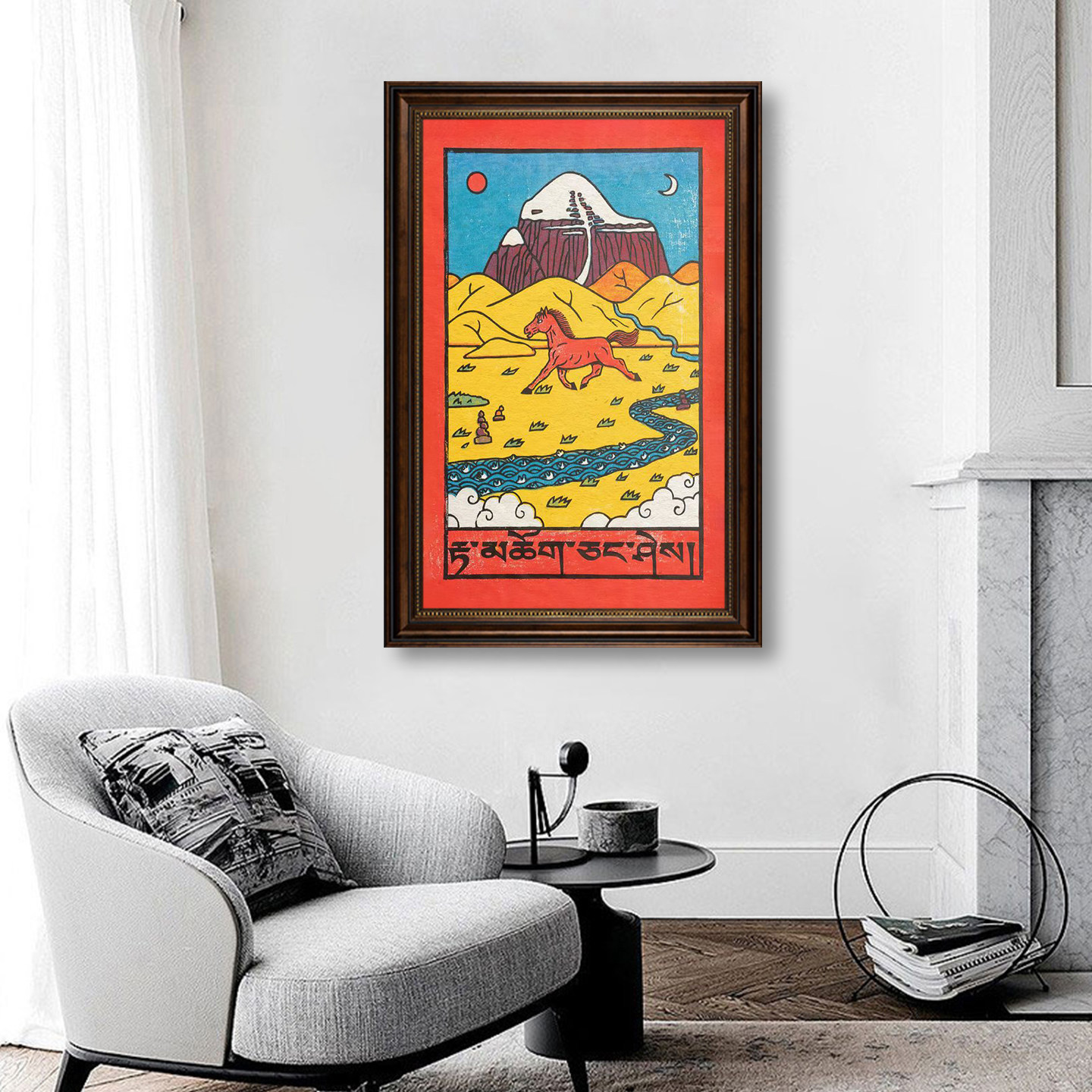 民族风卡通装饰画藏式唐卡红马日月挂画民宿玄关背景竖版画