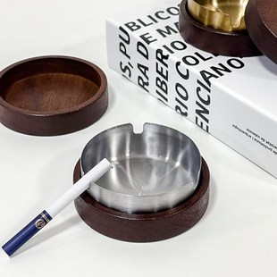 有盖防飞C灰家用办公室实木轻奢茶几烟缸 黑胡桃木烟灰缸创意个性