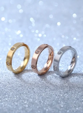 同款六钻一字钛钢男女戒指 气质镶钻不锈钢指环饰品定制