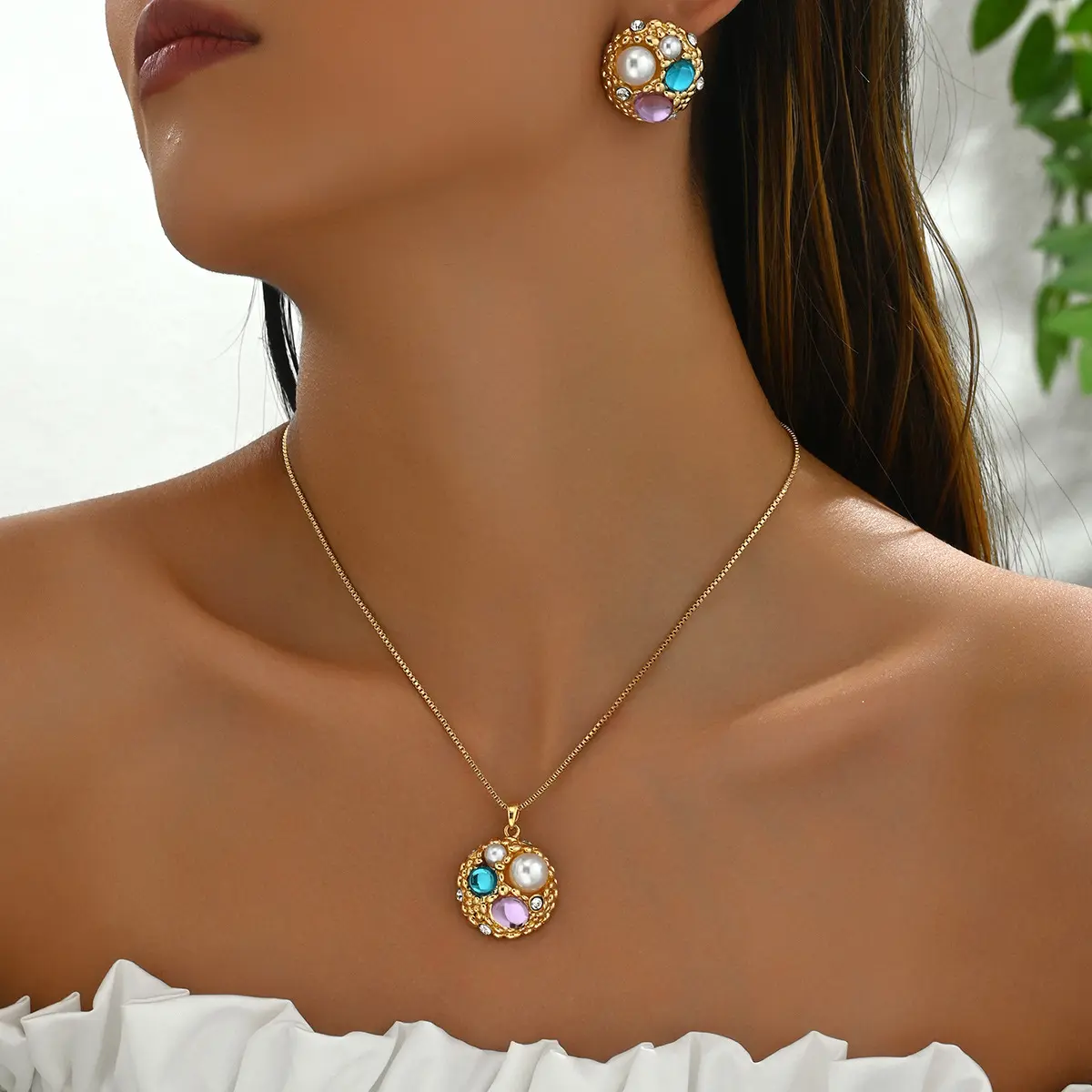 简约韩版森系耳环项链套装女小众镶嵌宝石几何不规则设计首饰套装