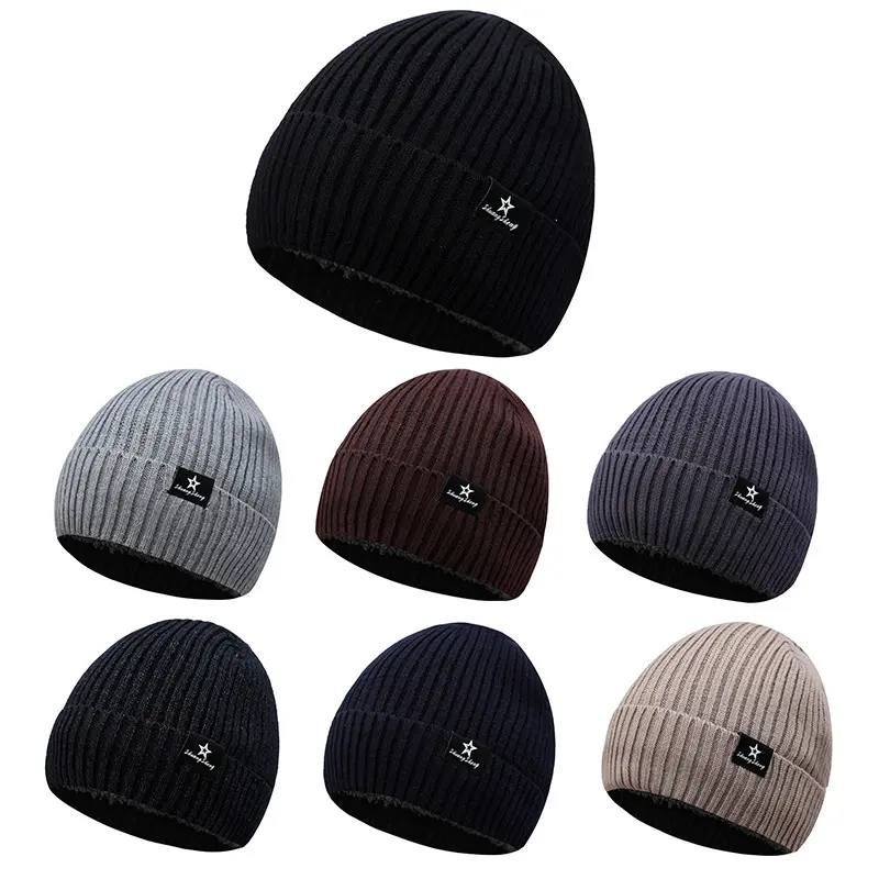 冬季男女防寒护耳毛线针织帽加绒加厚防风贴标卷边套头滑雪针织帽