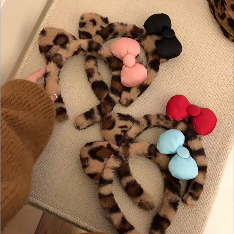 豹纹结发箍可爱毛绒秋冬洗脸化妆束发带外出发卡心头箍