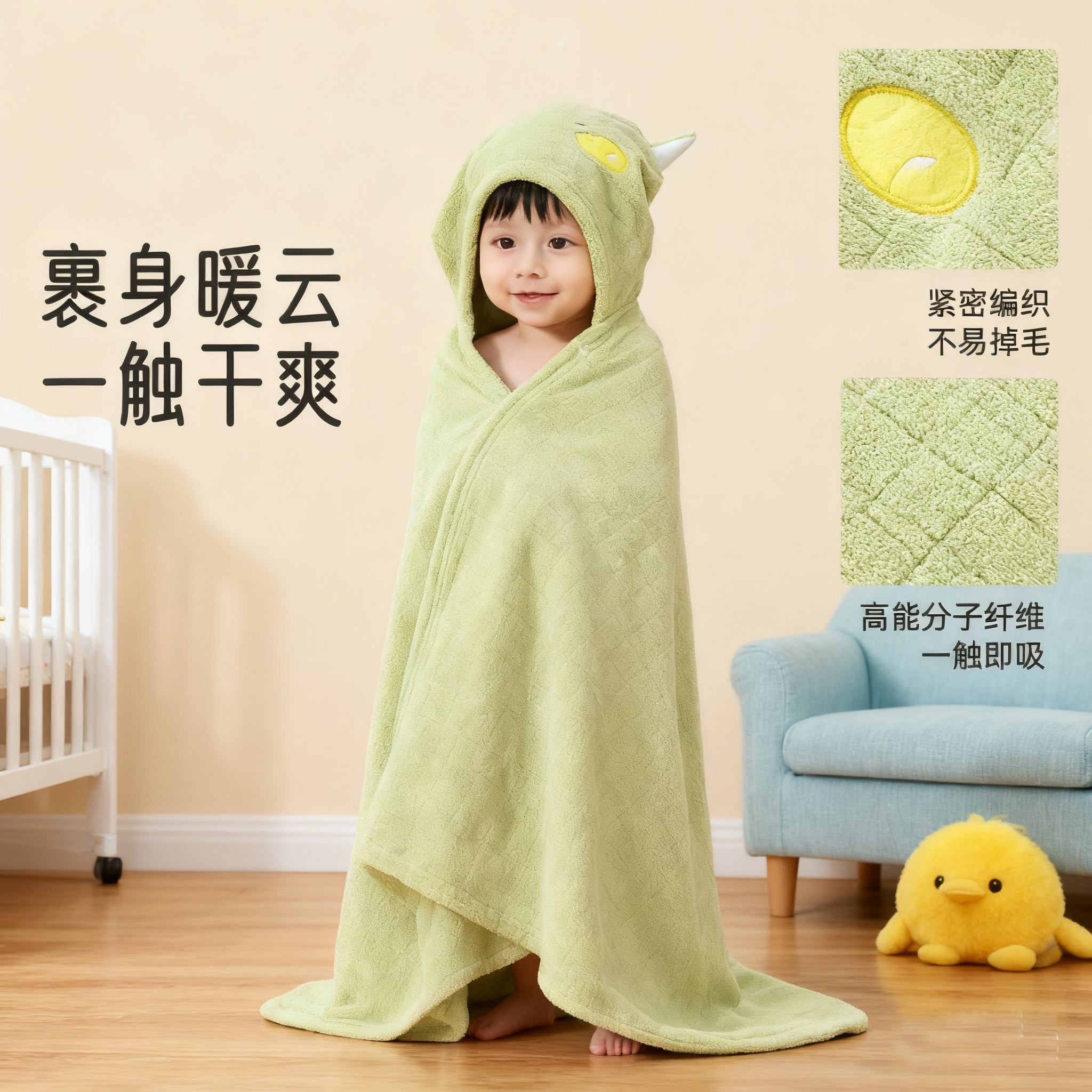 儿童浴巾可穿式婴幼儿卡通柔软加厚吸水浴袍连帽斗篷不掉毛可爱