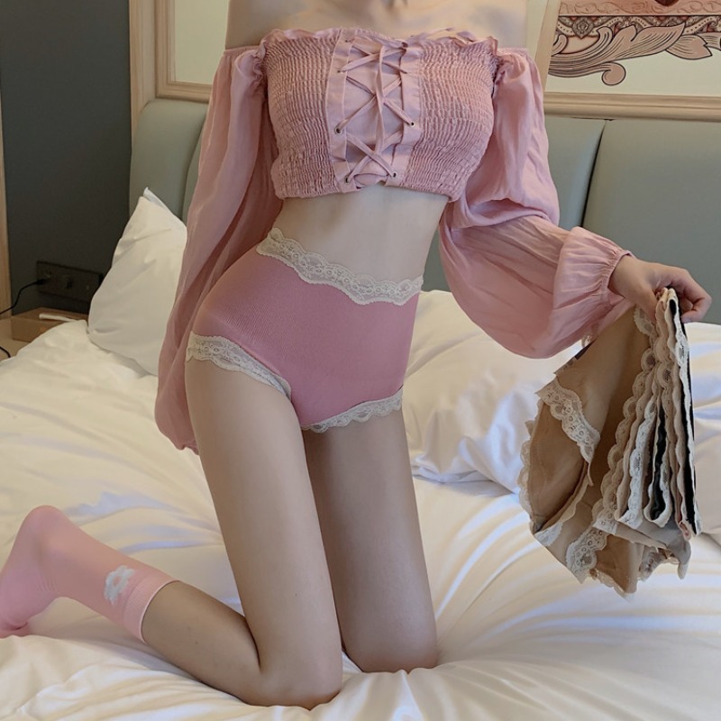日系无缝高腰收腹内裤女士性感蕾丝边提臀石墨烯纯棉裆三角裤