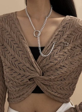 欧美饰品 嘻哈个性链条圆环项饰女 时尚街拍扣衣胸针别针项链