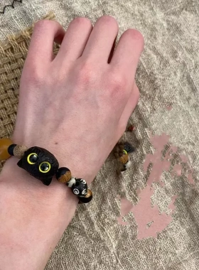 网红爆款小众设计定制黑色檀木小猫咪编织手链情侣送闺蜜礼物