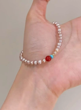 法式粉紫色淡水仿珍珠串珠手链复古宫廷风气质仿南红玛瑙手饰手