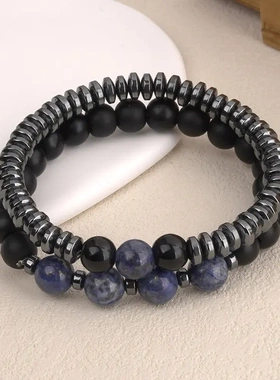 2024年新款男士酷尚手链简约黑石石磨砂石组合串珠男手链