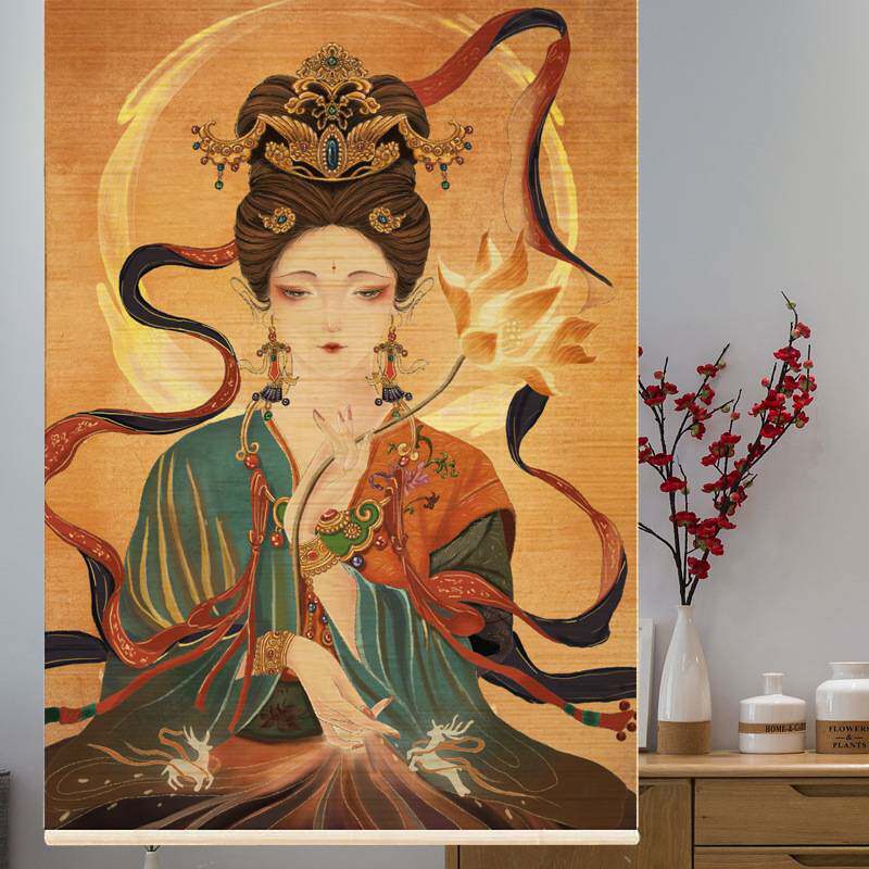 新中式印花客厅玄关餐厅茶楼装饰画隔断竹卷帘挂画竹窗帘竹艺竹编