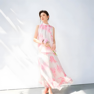 HiSaily海莎莉晕染玫瑰真丝套装 女25夏季 高级感度假连衣裙无袖