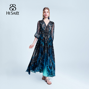 【100%桑蚕丝】HiSaily海莎莉孔雀蓝灯笼袖V领长款连衣裙度假轻奢