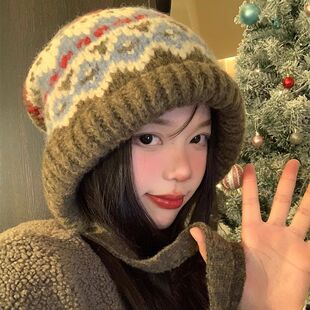 费尔岛风针织帽子女冬季复古巴拉克拉法帽包包帽保暖护耳毛线帽潮