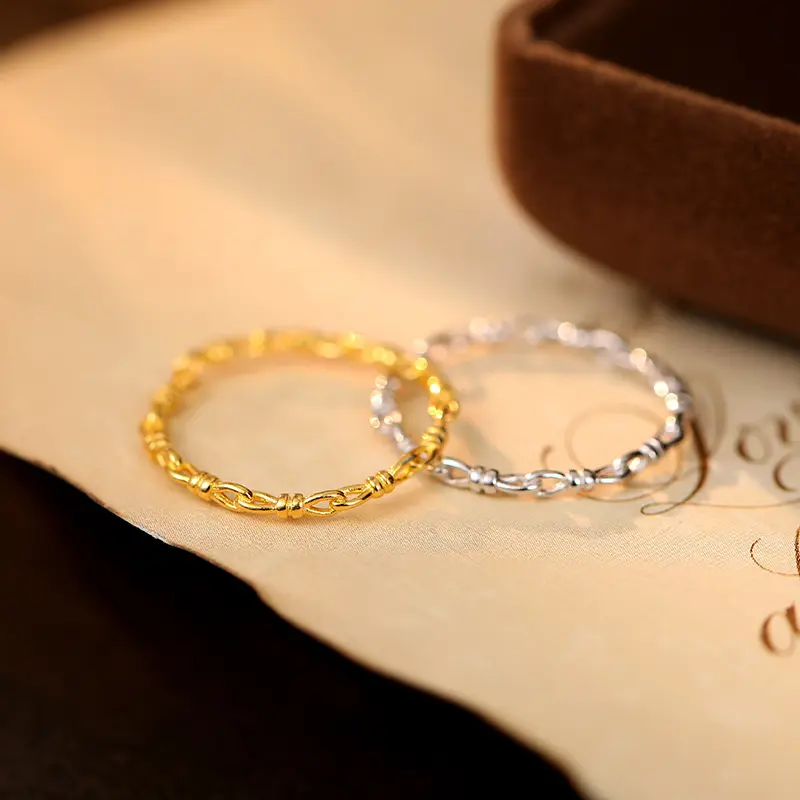 s925银细链镂空戒指女小众设计素圈可叠戴开口温柔指戒手饰