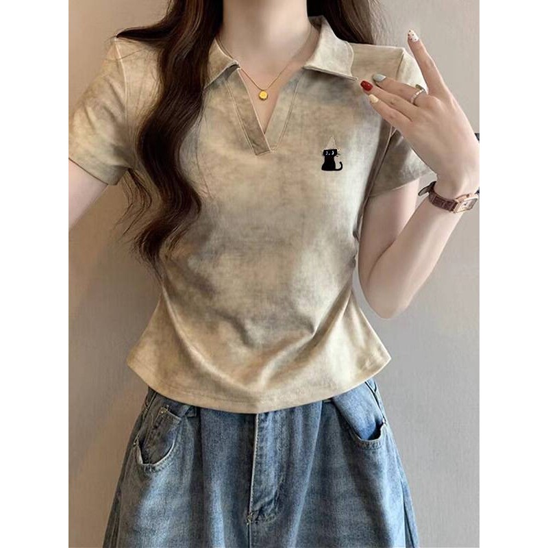 紫色卡通印花POLO领短袖t恤女夏季新款甜辣修身显瘦短款上衣ins潮