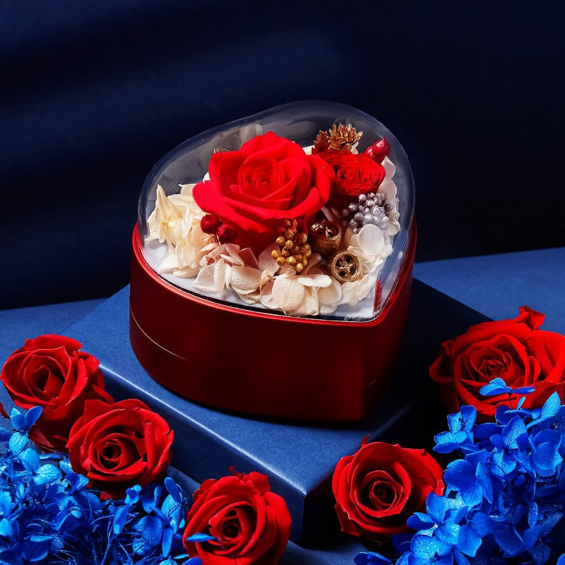 520情人节心形永生花首饰盒 翻盖珠宝盒妇女节礼物红色玫瑰花礼盒