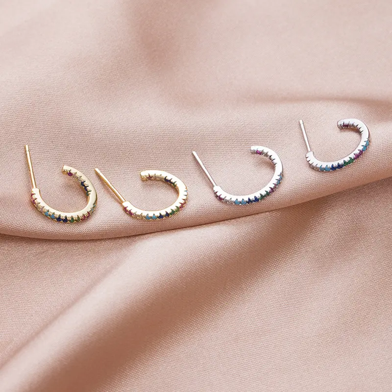 s925银欧简彩色锆石形耳扣ins简约气质冷淡风半圆耳环