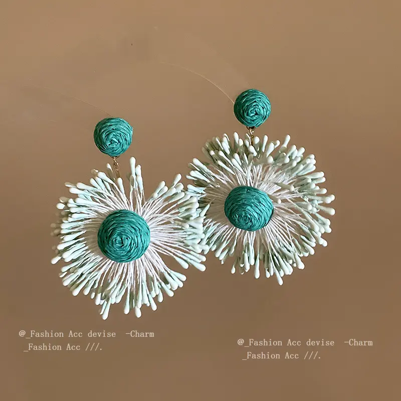 钢针薄荷绿草编圆形流苏耳环简约小清新个性耳坠度假风耳饰女