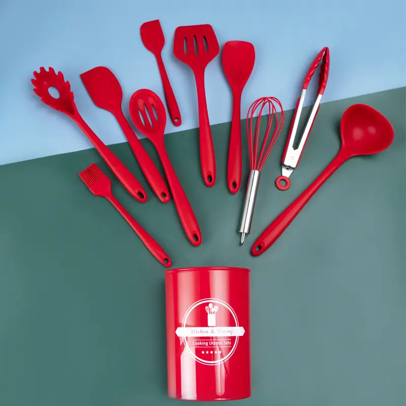 硅胶厨具11件套厨房烹饪厨具不粘锅炒菜铲勺带收纳桶烘焙工具套装