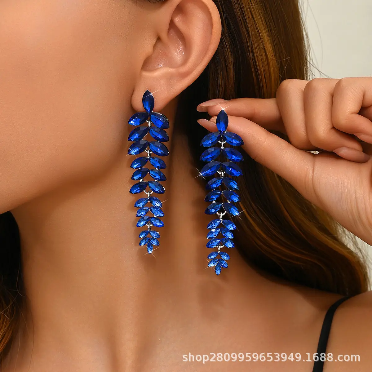 新品多色花卉耳饰女士欧美夸张满钻长款树叶耳坠宴会饰品earrings