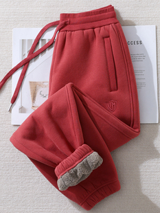 纯棉超厚保暖羊羔绒卫裤女2025新款束脚裤加绒加厚冬季红色裤子