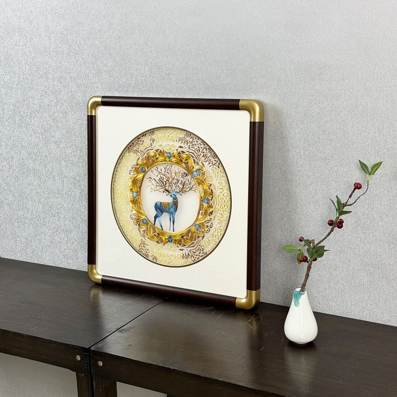 新中式餐厅背景墙装饰画高端大气立体刺绣挂画玄关走廊过道壁画鹿图片