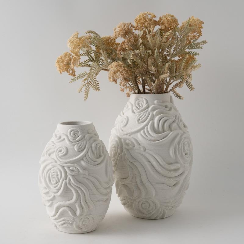 现代简约3D打印陶瓷浮雕玫瑰花纹花瓶摆件家居装饰品艺术插干花器