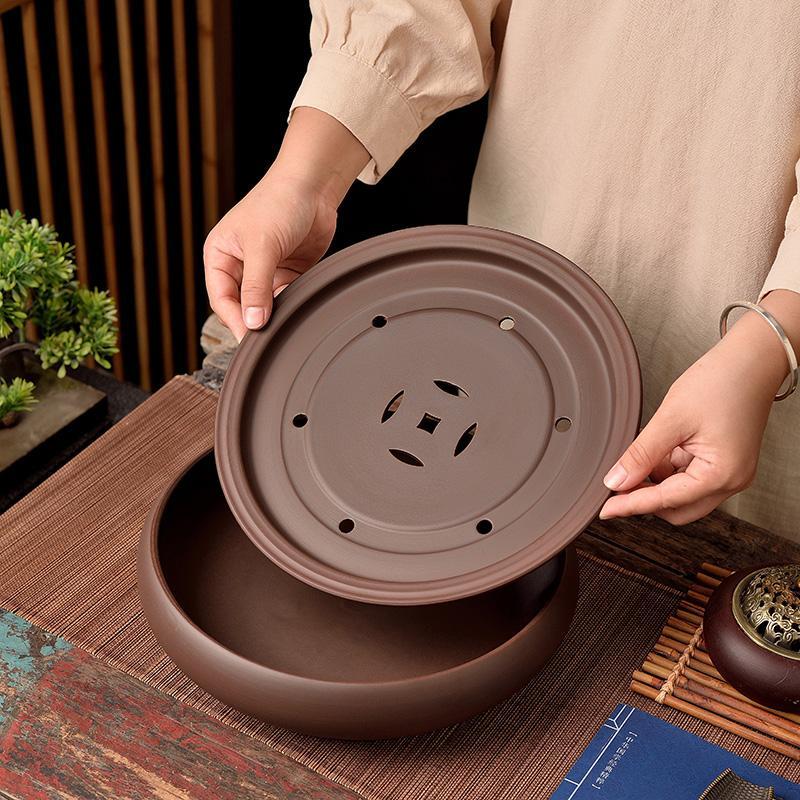 紫砂手拉朱泥茶盘传统家用大小号潮州古钱茶船储水干泡台茶海茶台