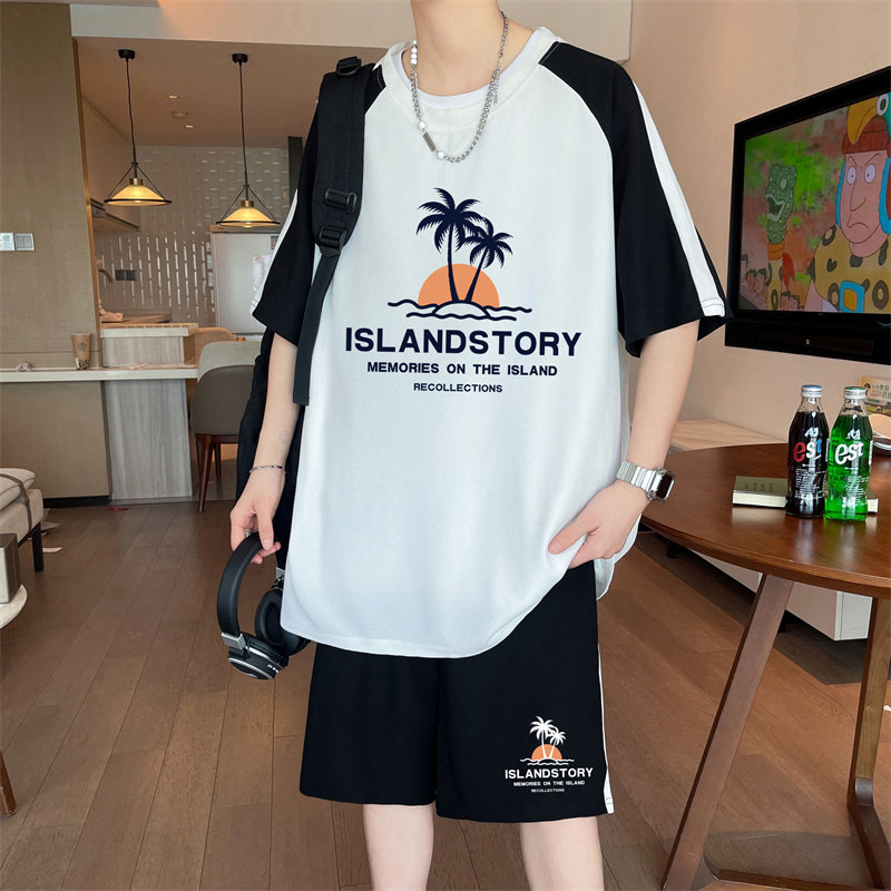 短袖短裤套装男青少年夏季冰丝t恤男装初中高中学生一套搭配衣服