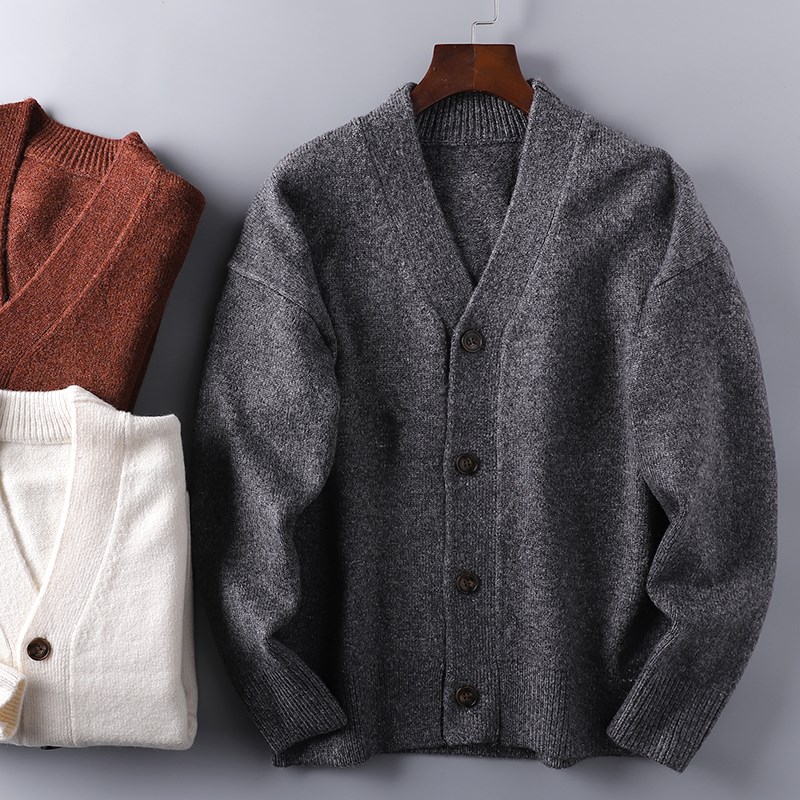 外贸日单 羊毛混纺 冬季男士加厚保暖休闲V领针织开衫 毛衣外套潮