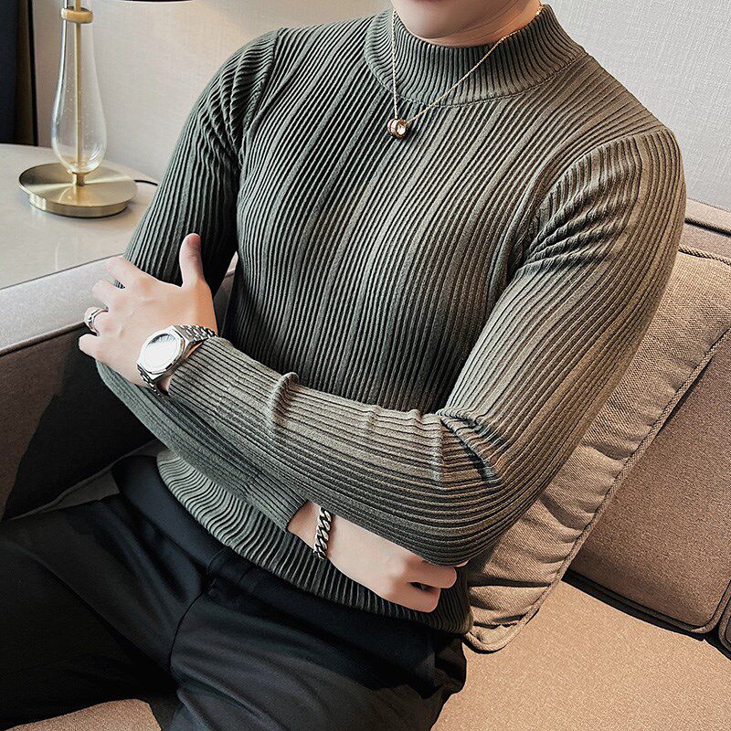 半高领长袖毛衣男士修身针织纯色套头竖条纹打底衫秋冬季紧身潮流