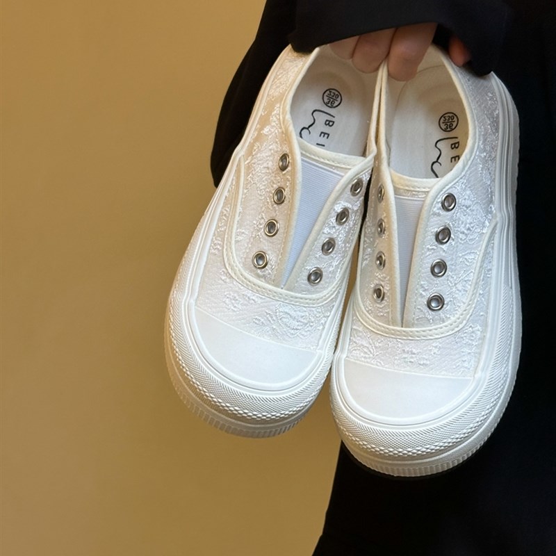 林先叁 刺绣一脚蹬帆布鞋女2025新款夏季透气薄款布鞋百搭休闲鞋