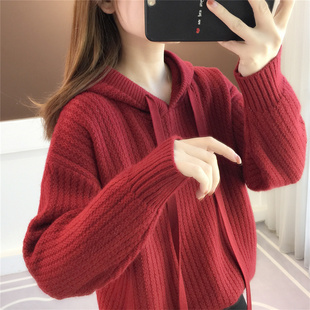 连帽卫衣女2022秋冬新款韩版宽松套头针织衫外穿慵懒风毛衣女连帽