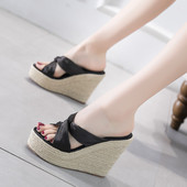 女夏天外穿2020新款 韩版 百搭绸缎超高跟厚底时尚 坡跟凉拖鞋 女凉鞋