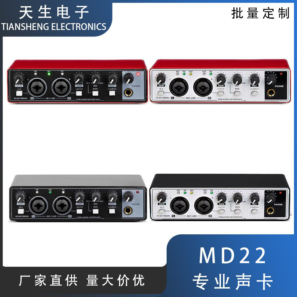 MD22 小型外置专业声卡 USB电脑免驱动声卡直播录音K歌调音