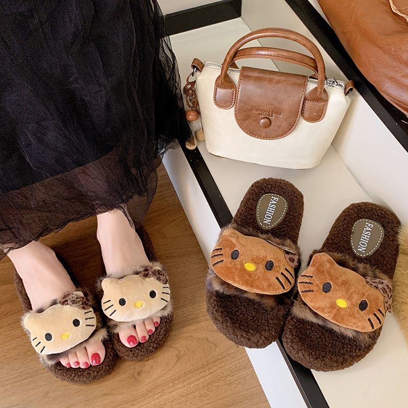 2025秋冬豹纹外穿拖鞋毛毛时尚百搭ins潮懒人一字高颜值羊羔毛鞋