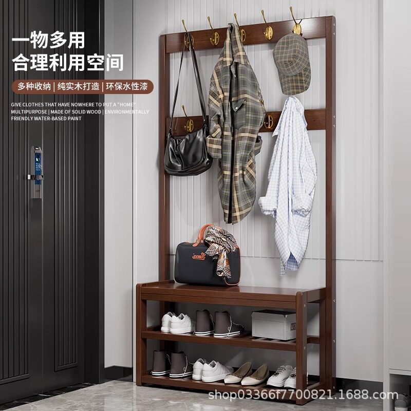 进门换鞋凳家用门口挂衣架一体实木玄关衣帽架落地入户衣帽架鞋架